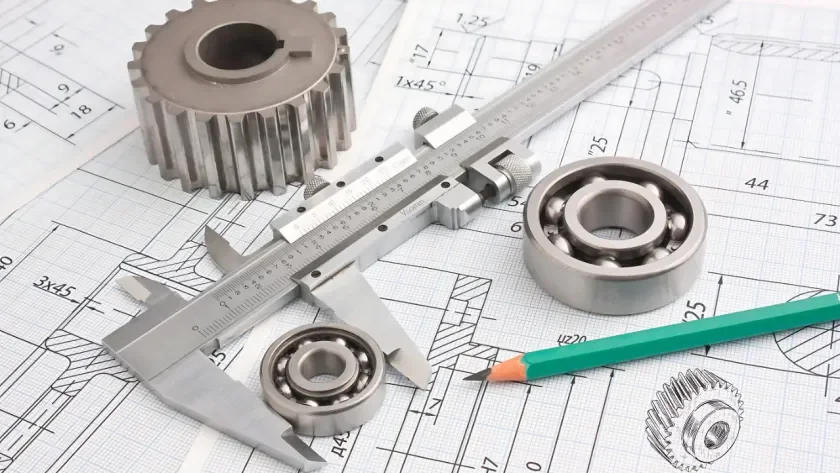 Precision gear, calipers and bearings over technical engineering drawings