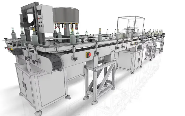 3D CAD render of a bottling and filling production line
