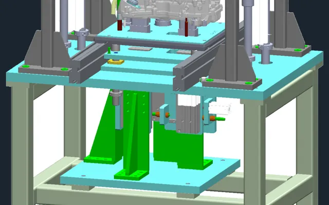 3D CAD render of a fixture assembly holding an engine block