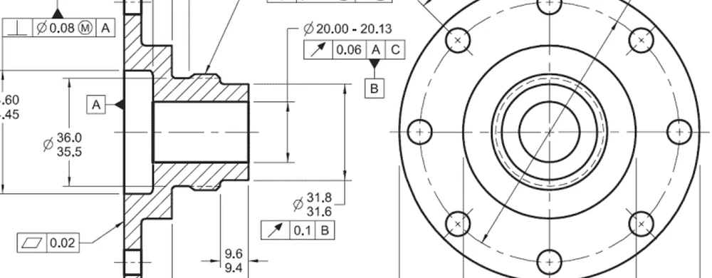 Engineering drawing of a flange with GD&T feature control frames, datum references and position tolerances